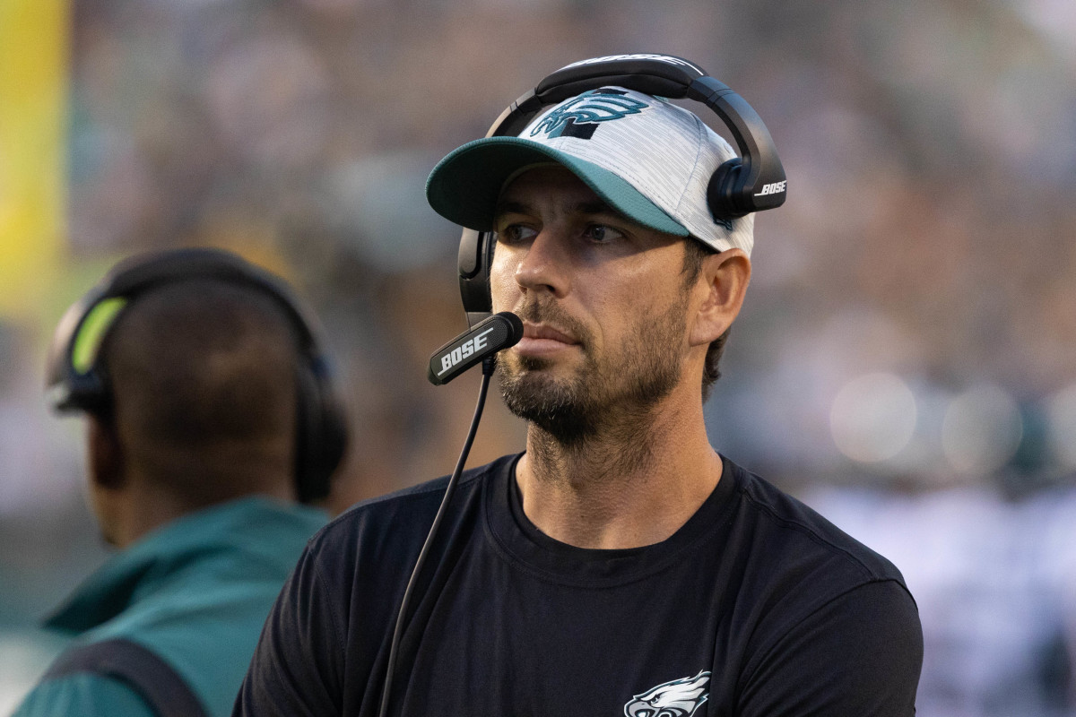 Aug 19, 2021; Philadelphia, Pennsylvania, USA; Philadelphia Eagles offensive coordinator Shane Steichen in a game against the New England Patriots at Lincoln Financial Field. Mandatory Credit: Bill Streicher-USA TODAY Sports
