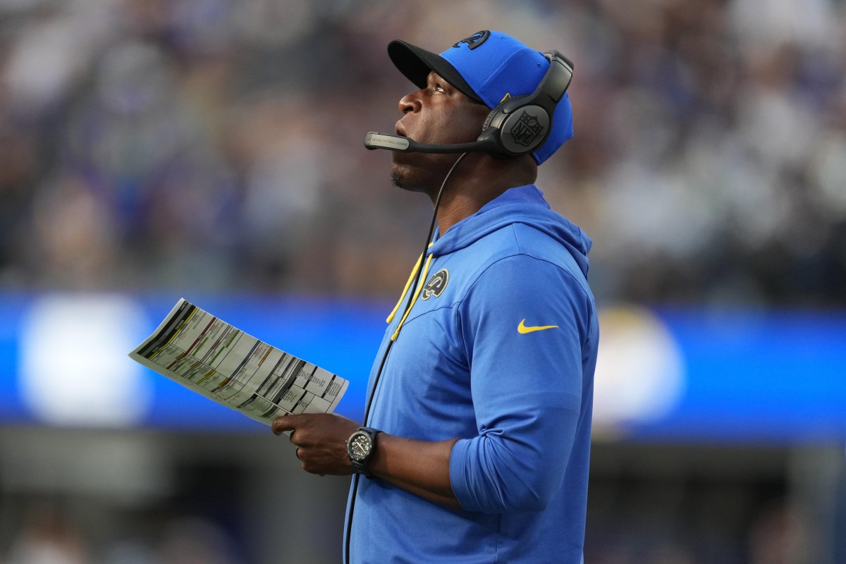 Los Angeles Rams defensive coordinator Raheem Morris watches from the sidelines in the second half against the Carolina Panthers at SoFi Stadium.