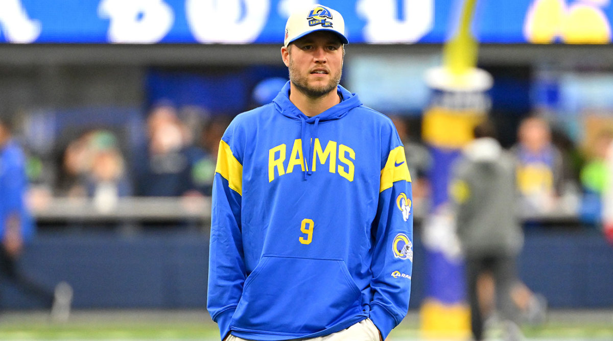 Matthew Stafford wears a sweatshirt while on injured reserve