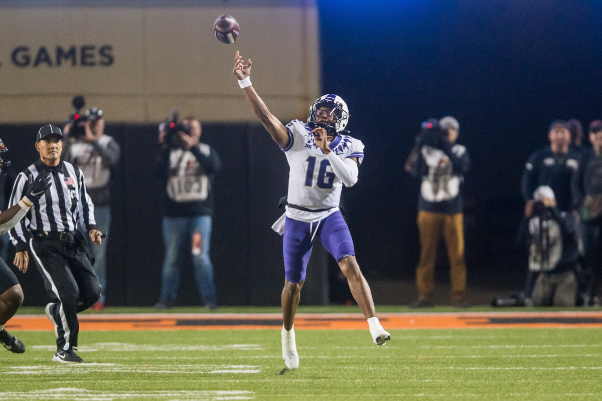 TCU Horned Frogs quarterback Sam Jackson (16) throws a pass during the fourth quarter against the Oklahoma State Cowboys at Boone Pickens Stadium. OSU won 63-17.