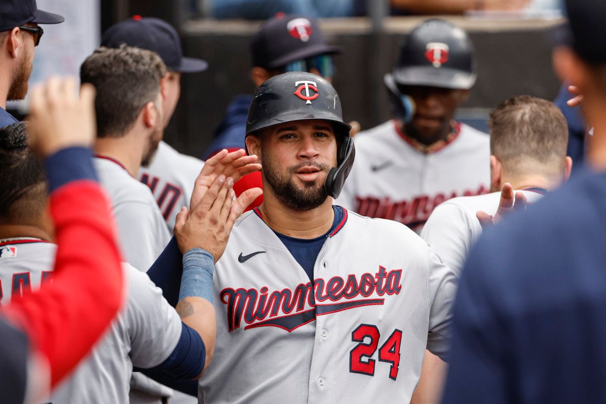 Minnesota Twins catcher Gary Sanchez (24) celebrates with teammates after scoring against the Chicago White Sox during the second inning at Guaranteed Rate Field. (2022)