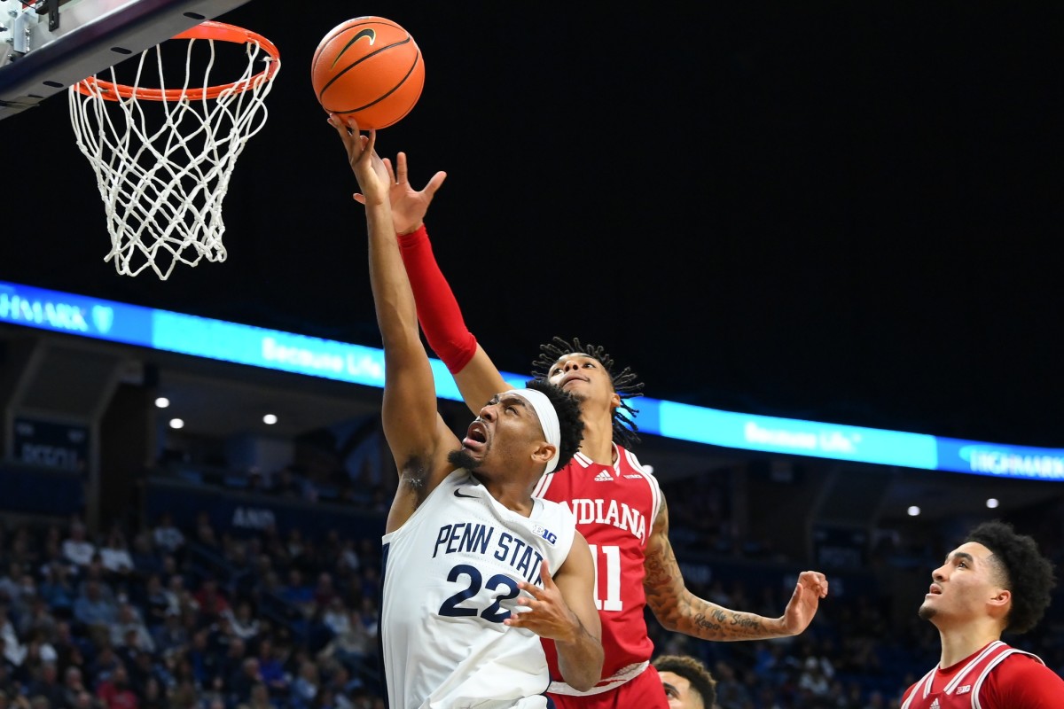 Penn State Nittany Lions guard Jalen Pickett (22) shoots the ball as Indiana Hoosiers guard CJ Gunn (11) defends during the first half at the Bryce Jordan Center.
