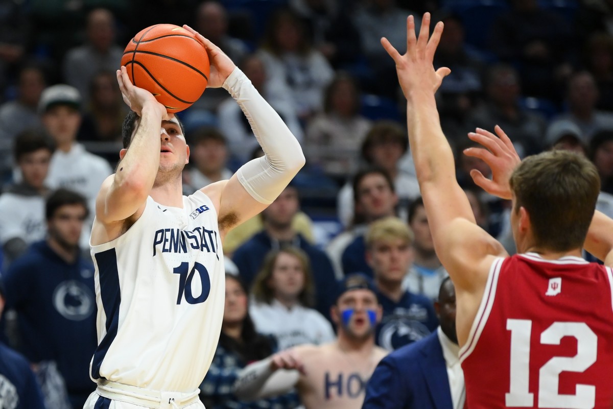 Penn State Nittany Lions guard Andrew Funk (10) shoots the ball as Indiana Hoosiers forward Miller Kopp (12) defends during the first half at the Bryce Jordan Center.