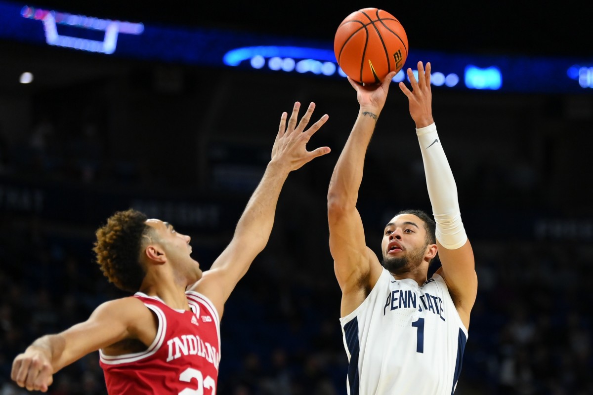Penn State guard Seth Lundy (1) shoots the ball as Indiana forward Trayce Jackson-Davis (23) is slow to close out on him. (Rich Barnes-USA TODAY Sports)