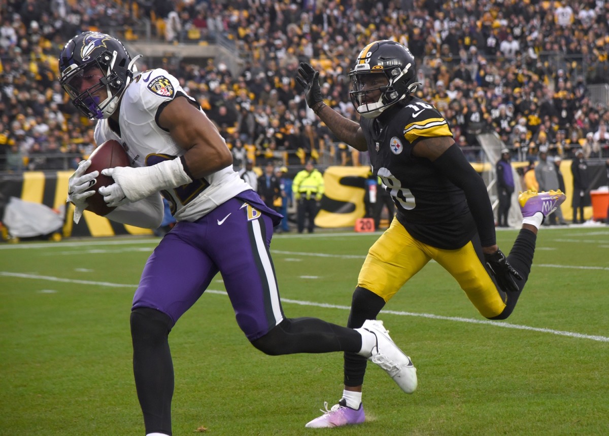Baltimore Ravens defensive back Marcus Williams (32) intercepts a pass intended for Steelers receiver Diontae Johnson (18). Mandatory Credit: Philip G. Pavely-USA TODAY Sports
