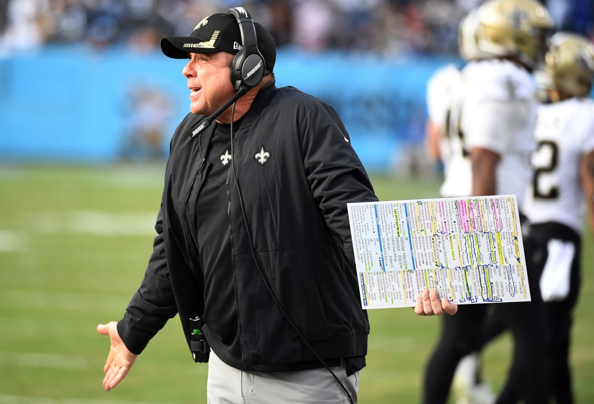 Nov 14, 2021; New Orleans Saints head coach Sean Payton after a call by the officials against the Tennessee Titans. Mandatory Credit: Christopher Hanewinckel-USA TODAY Sports
