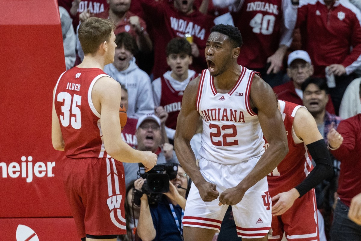 Indiana Hoosiers forward Jordan Geronimo (22) celebrates a made basket in the second half against the Wisconsin Badgers.