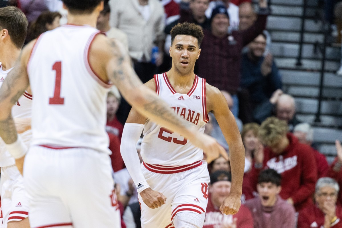 Indiana Hoosiers forward Trayce Jackson-Davis (23) celebrates a made basket in the second half against the Wisconsin Badgers.