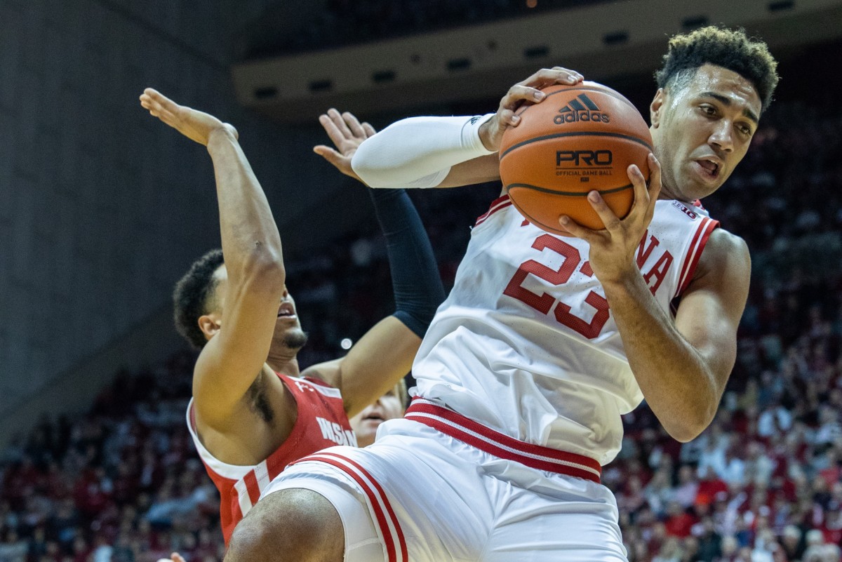 Indiana Hoosiers forward Trayce Jackson-Davis (23) rebounds the ball in the first half against the Wisconsin Badgers at Simon Skjodt Assembly Hall.