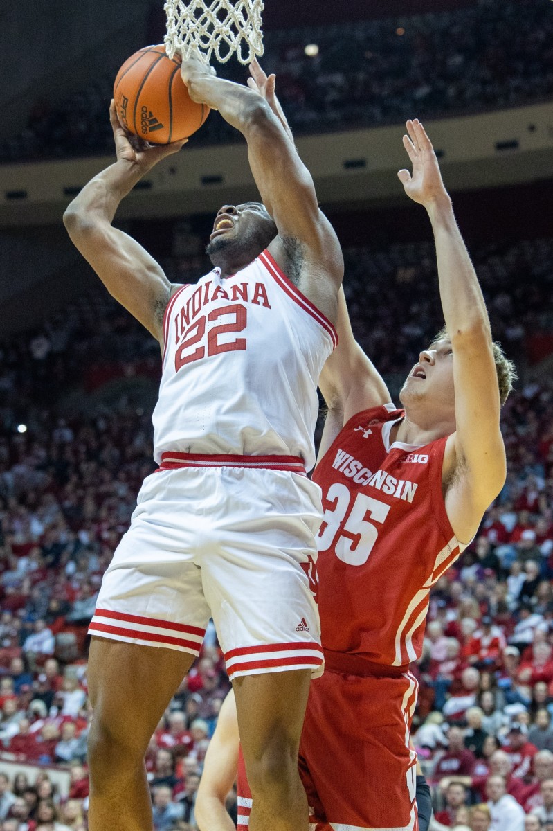 Indiana Hoosiers forward Jordan Geronimo (22) shoots the ball while Wisconsin Badgers forward Markus Ilver (35) defends in the first half at Simon Skjodt Assembly Hall.