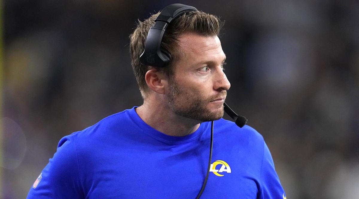 Rams coach Sean McVay watches from the sidelines against the Las Vegas Raiders.