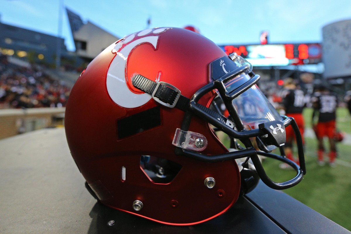 Nov 5, 2016; Cincinnati, OH, USA; A view of the official helmet worn by the Cincinnati Bearcats showcasing military appreciation at Nippert Stadium. Brigham Young won 20-3. Mandatory Credit: Aaron Doster-USA TODAY Sports