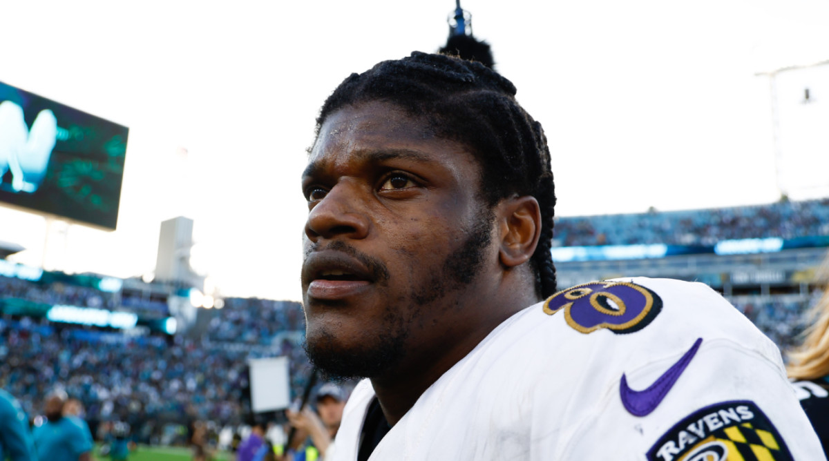 Ravens quarterback Lamar Jackson reacts to losing to the Jaguars.