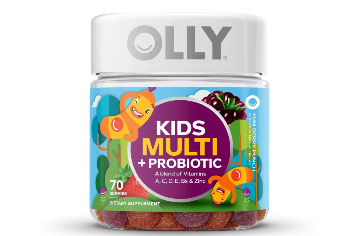 A bottle of Olly Kids Multi + Probiotic multivitamin gummies against a white background.