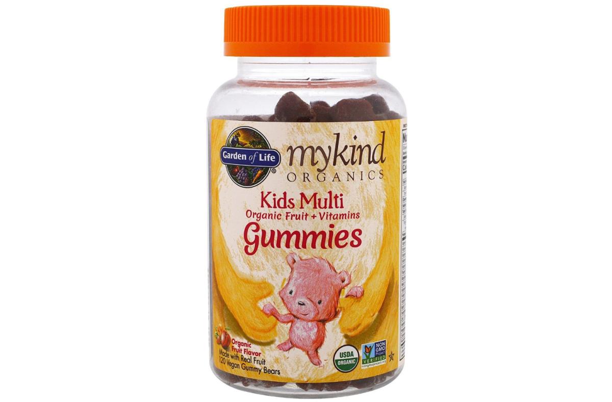 A bottle of mykind Organics Garden of Life Kids Multi gummies in Organic Fruit flavor against a white background.