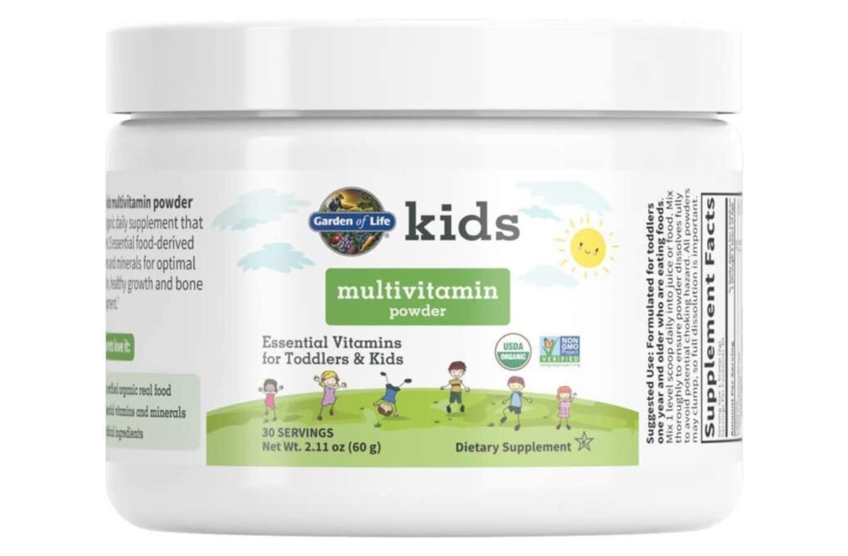 A white container of Garden of Life Kids Multivitamin Powder against a white background.