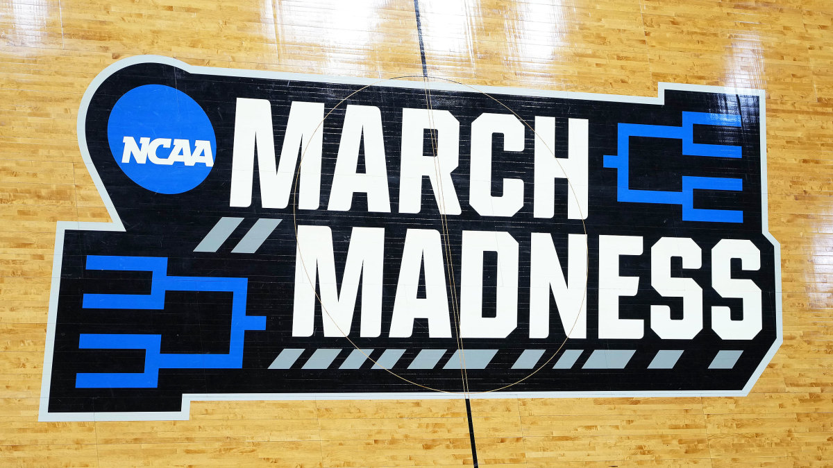 March Madness logo on a basketball court