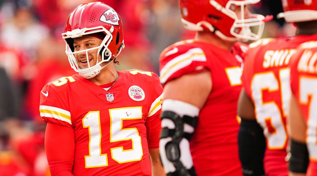 Chiefs quarterback Patrick Mahomes (15) reacts during the second half against the Broncos at GEHA Field at Arrowhead Stadium.