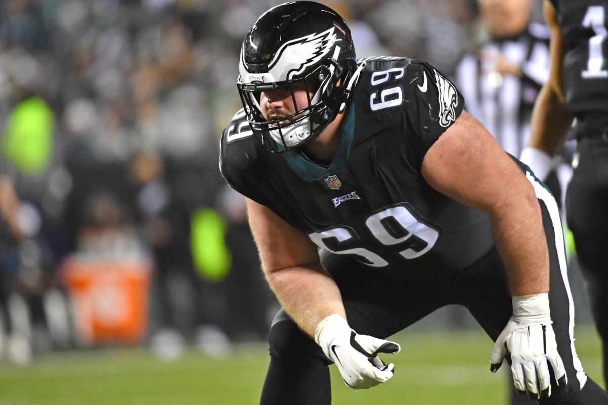 Philadelphia Eagles center Landon Dickerson (69) against the New York Giants at Lincoln Financial Field.
