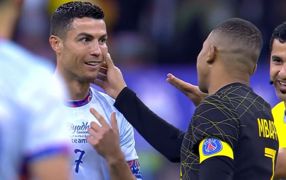 Cristiano Ronaldo (left) and Kylian Mbappe pictured during a friendly game between PSG and a Saudi Pro League XI in January 2023