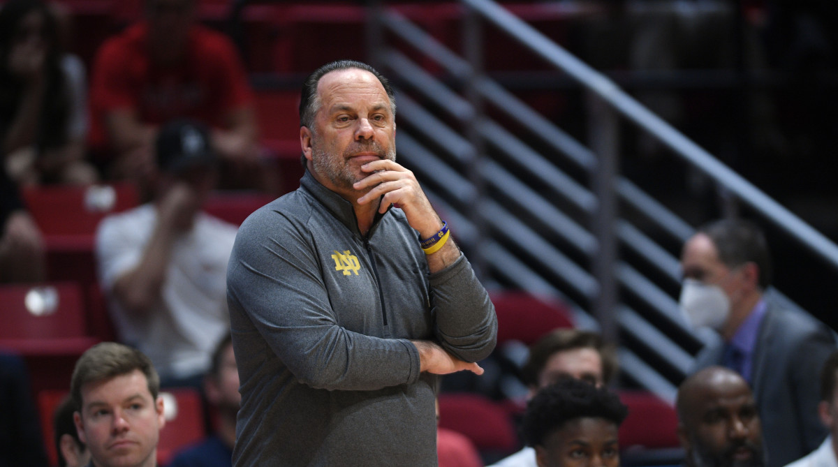 Notre Dame coach Mike Brey looks on during a game vs. Alabama.