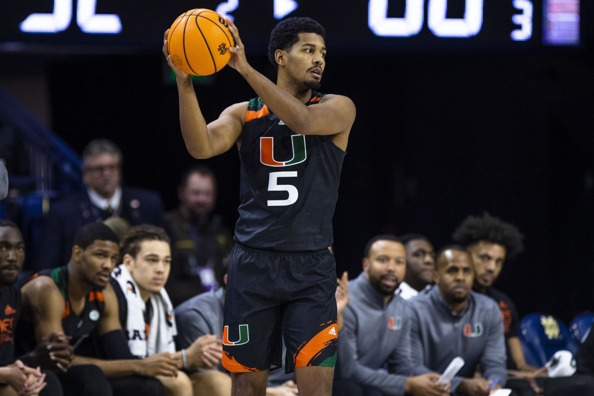 Miami's Harlond Beverly (5) during the second half of an NCAA college basketball game against Notre Dame Friday, Dec. 30, 2022 in South Bend, Ind. 