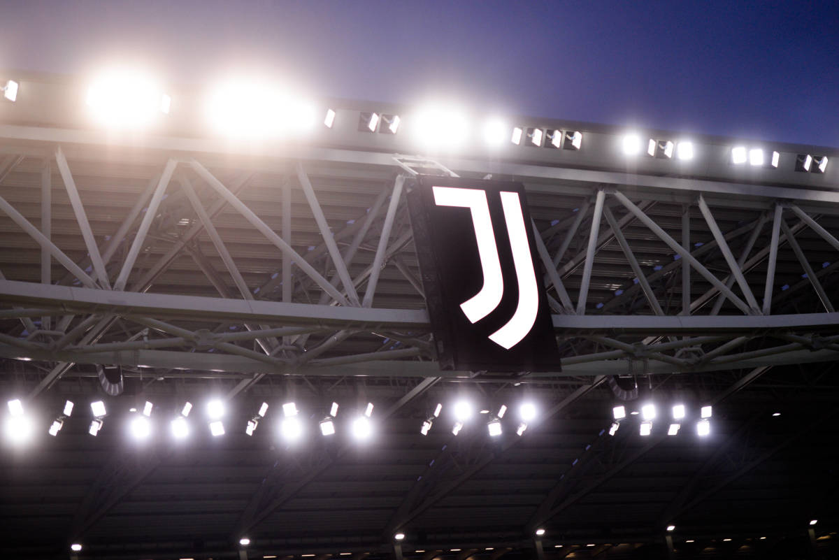 A photo of the Juventus emblem taken inside Allianz Stadium in April 2022