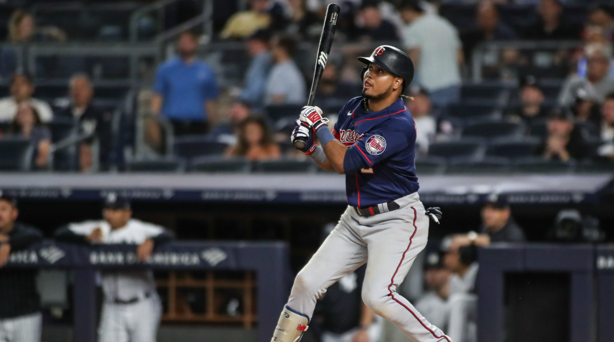 Twins DH Luis Arraez watches a hit against the Yankees.