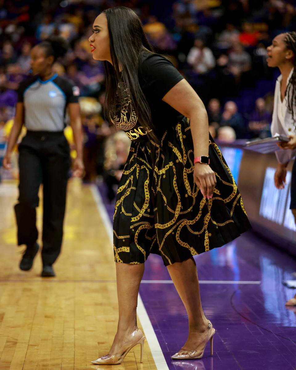 Jackson State head coach watches from the sidelines as the Tigers take on LSU in the 2022 NCAA tournament.