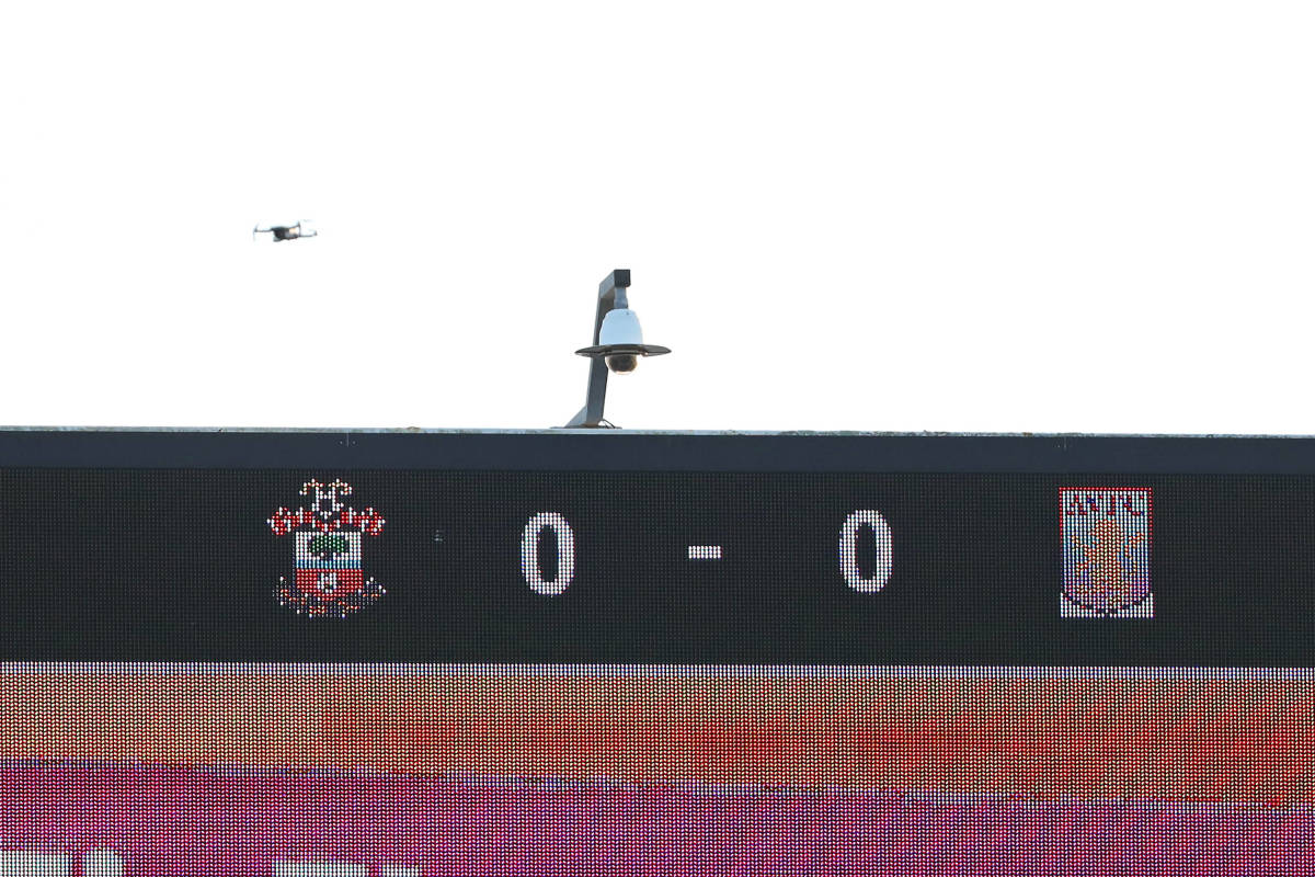 A drone pictured flying above St Mary's Stadium during the Premier League game between Southampton and Aston Villa in January 2023