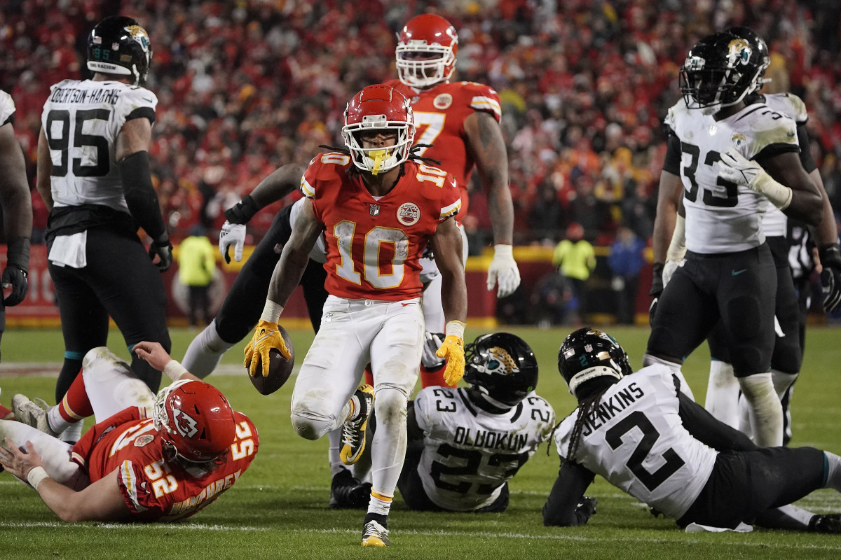 Jan 21, 2023; Kansas City, Missouri, USA; Kansas City Chiefs running back Isiah Pacheco (10) reacts after running the ball against the Jacksonville Jaguars during the second half in the AFC divisional round game at GEHA Field at Arrowhead Stadium. Mandatory Credit: Denny Medley-USA TODAY Sports
