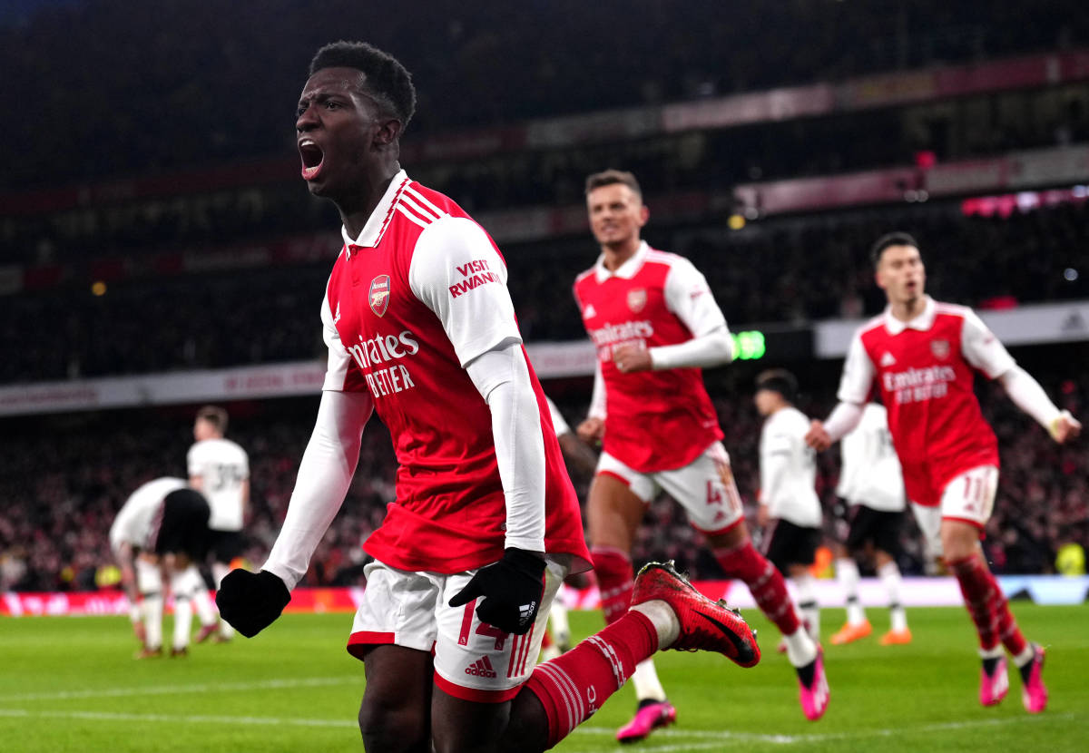 Eddie Nketiah pictured celebrating one of his two goals during Arsenal's 3-2 win over Manchester United in January 2023