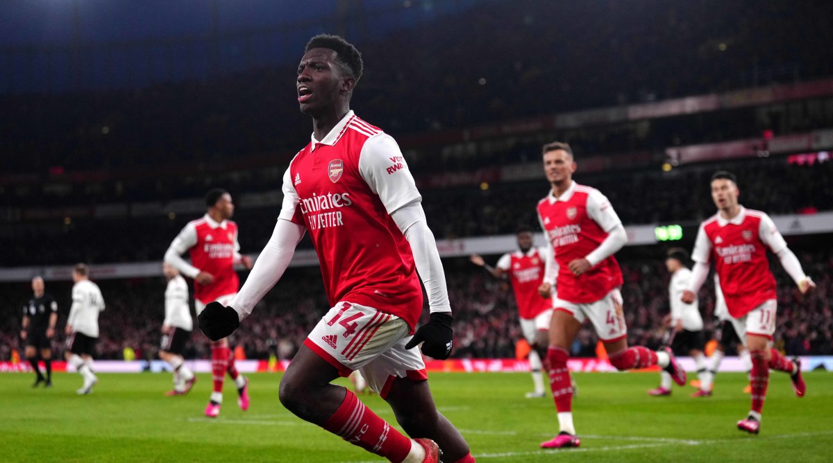 Eddie Nketiah celebrates a goal for Arsenal.