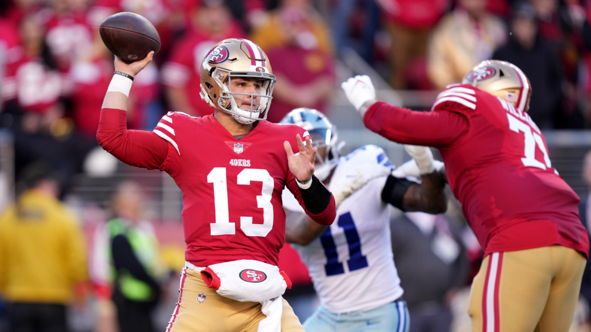 Jan 22, 2023; Santa Clara, California, USA; San Francisco 49ers quarterback Brock Purdy (13) throws during the first quarter of a NFC divisional round game against the Dallas Cowboys at Levi’s Stadium.