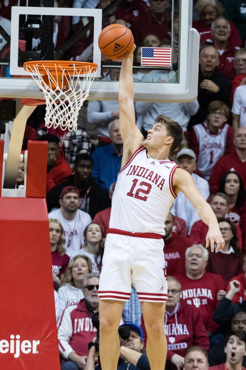 Indiana Hoosiers forward Miller Kopp (12) dunks the ball in the second half against the Michigan State Spartans.