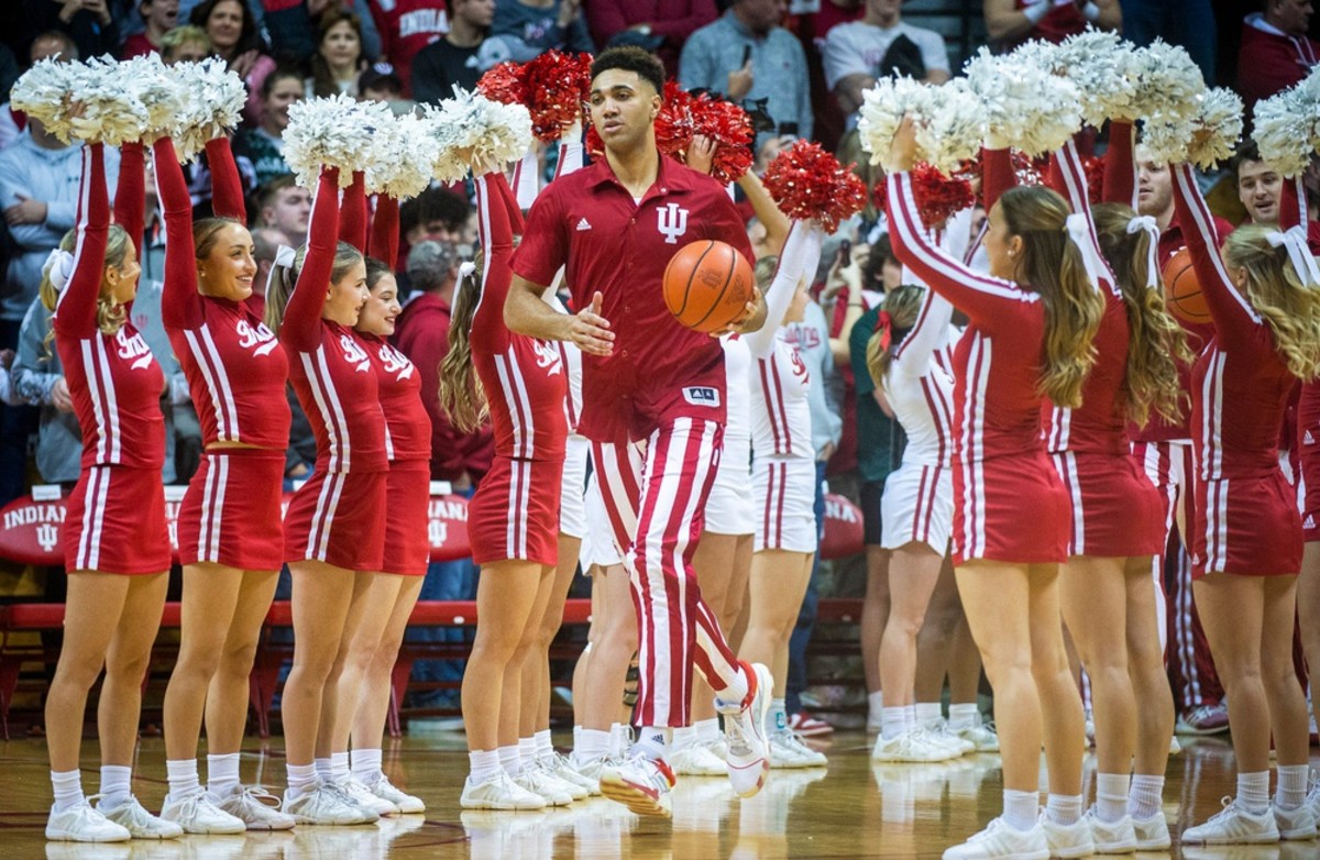 Indiana's Trayce Jackson-Davis (23) leads the Hoosiers onto the floor before the first half of the Indiana versus Michigan State on Sunday.