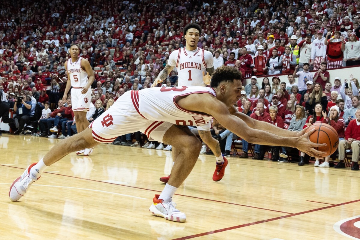 Indiana Hoosiers forward Trayce Jackson-Davis (23) saves a ball from going out of bounds during the game against the Michigan State Spartans.