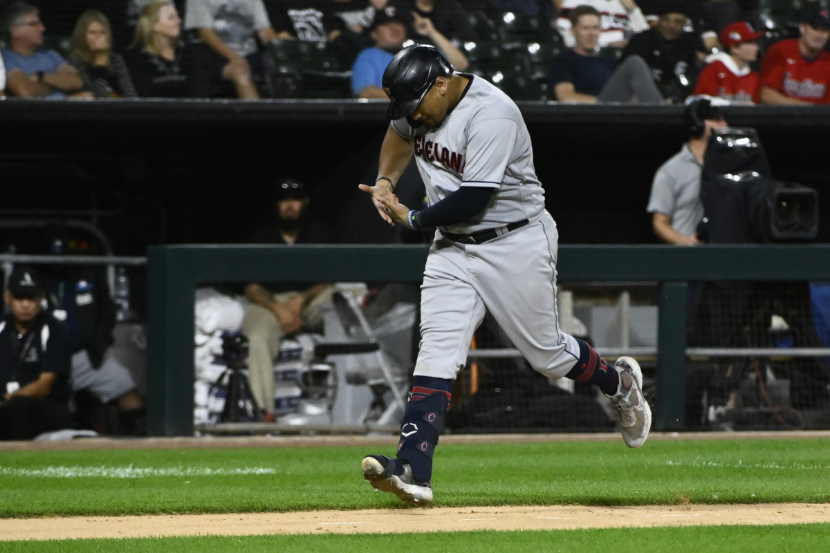 Sep 21, 2022; Chicago, Illinois, USA; Cleveland Guardians first baseman Josh Naylor (22) celebrates after he hits a two run home run against the Chicago White Sox during the seventh inning at Guaranteed Rate Field. Mandatory Credit: Matt Marton-USA TODAY Sports