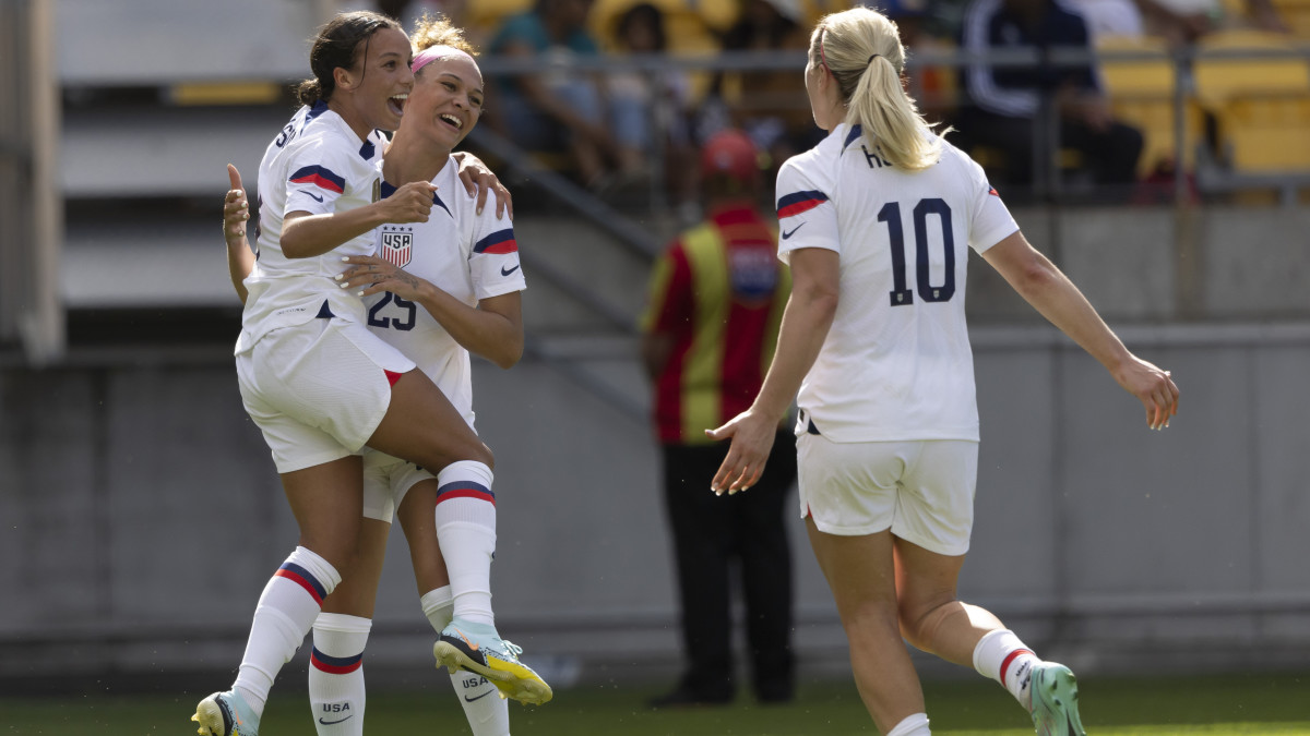 United States women’s soccer forward Mallory Swanson celebrates her goal with Trinity Rodman and Lindsey Horan.