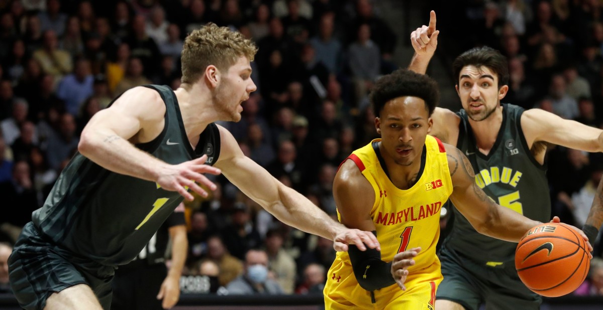 Purdue Boilermakers forward Caleb Furst (1) defends Maryland Terrapins guard Jahmir Young (1) during the NCAA men s basketball game, Sunday, Jan. 22, 2023, at Mackey Arena in West Lafayette, Ind.
