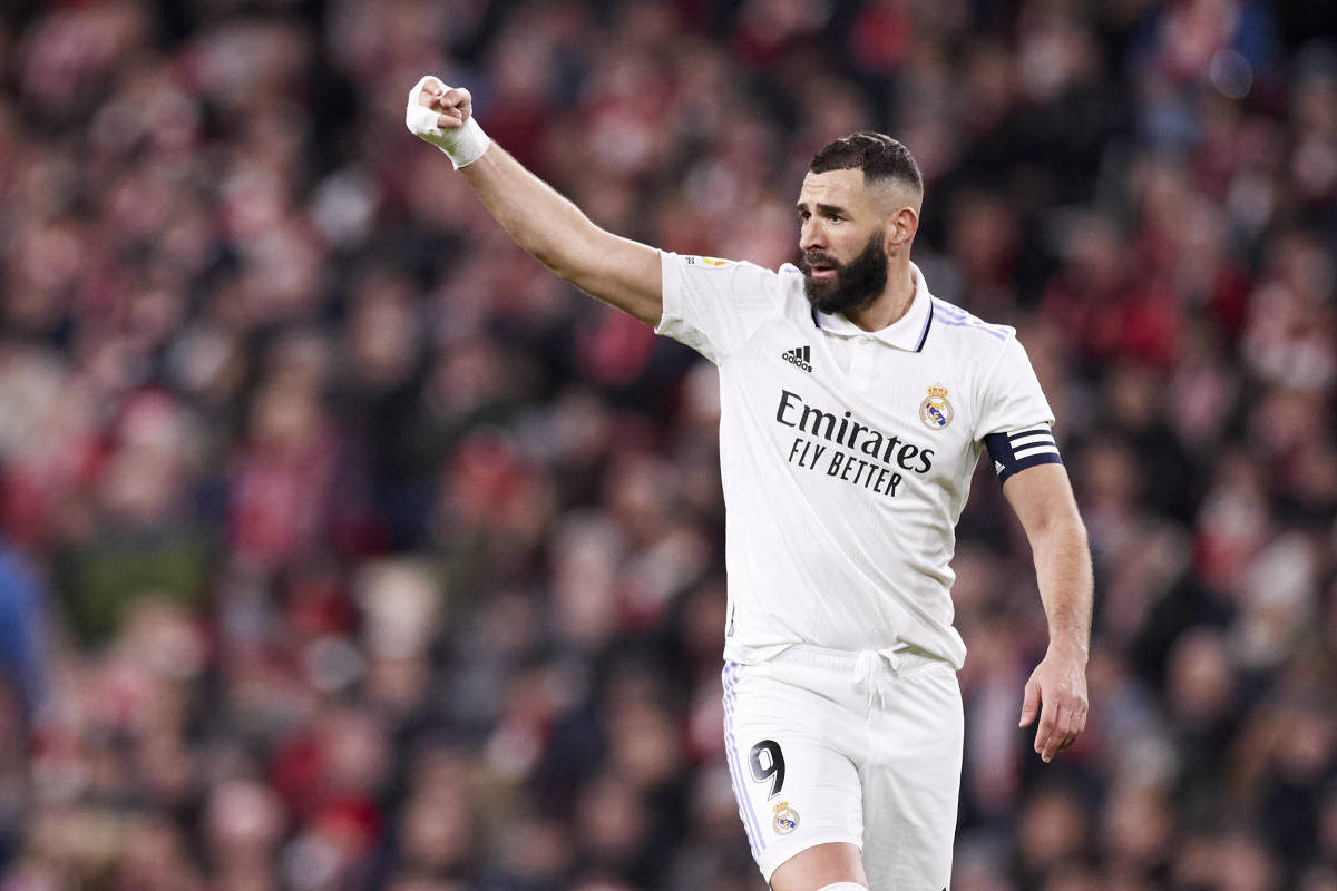 Karim Benzema pictured celebrating after scoring his 228th La Liga goal for Real Madrid in a 2-0 win at Athletic Bilbao in January 2023