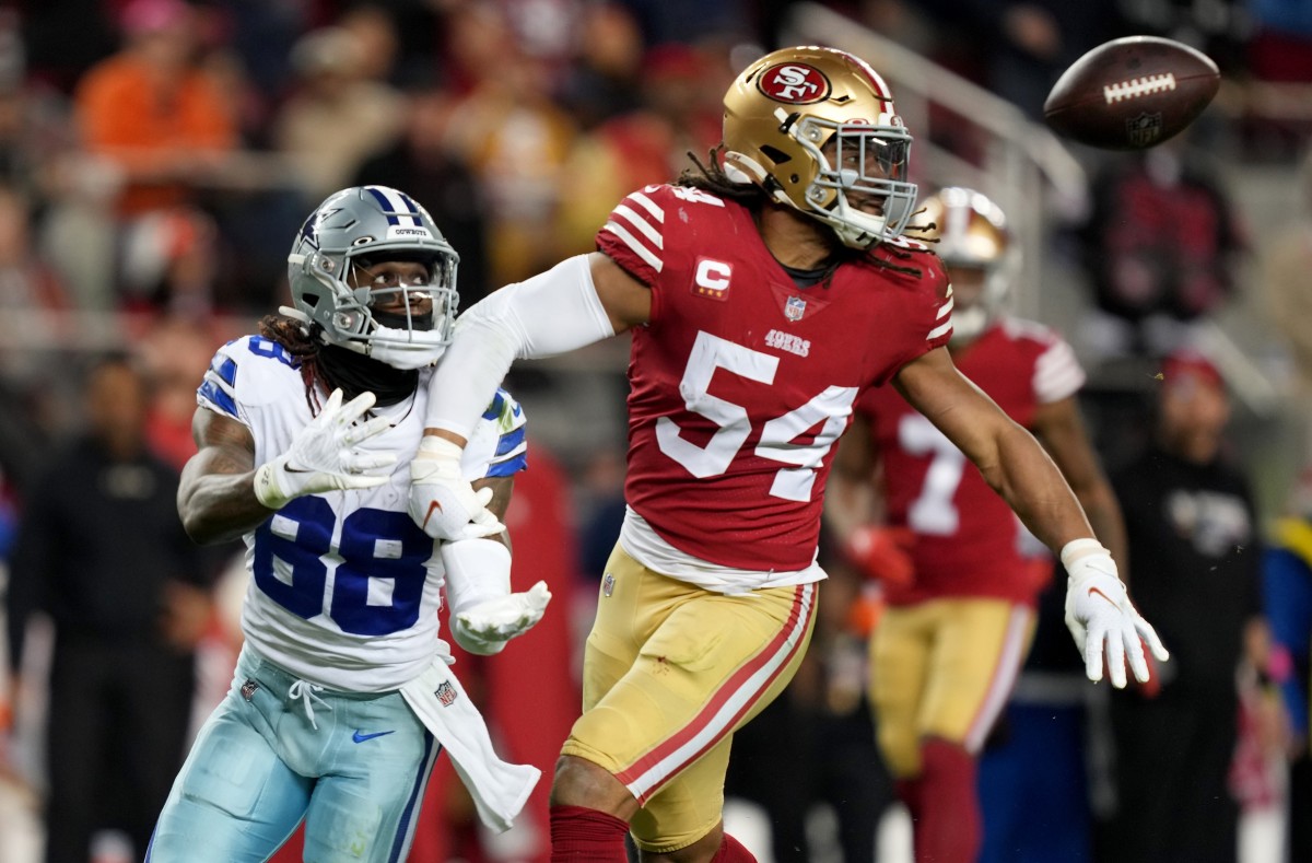 San Francisco linebacker Fred Warner breaks up a pass against the Cowboys' CeeDee Lamb during their NFC divisional playoff game.