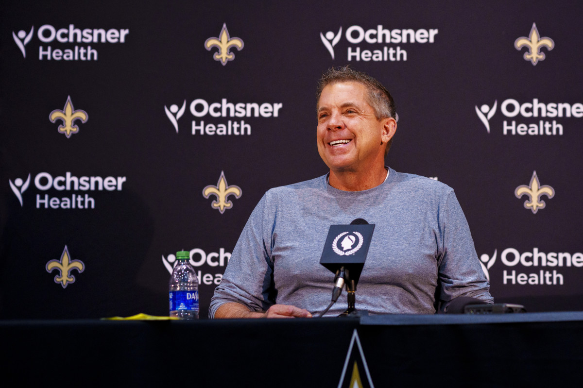 Jan 25, 2022; Metairie, LA, USA; New Orleans Saints head coach Sean Payton speaks during a press conference at Ochsner Sports Performance Center.