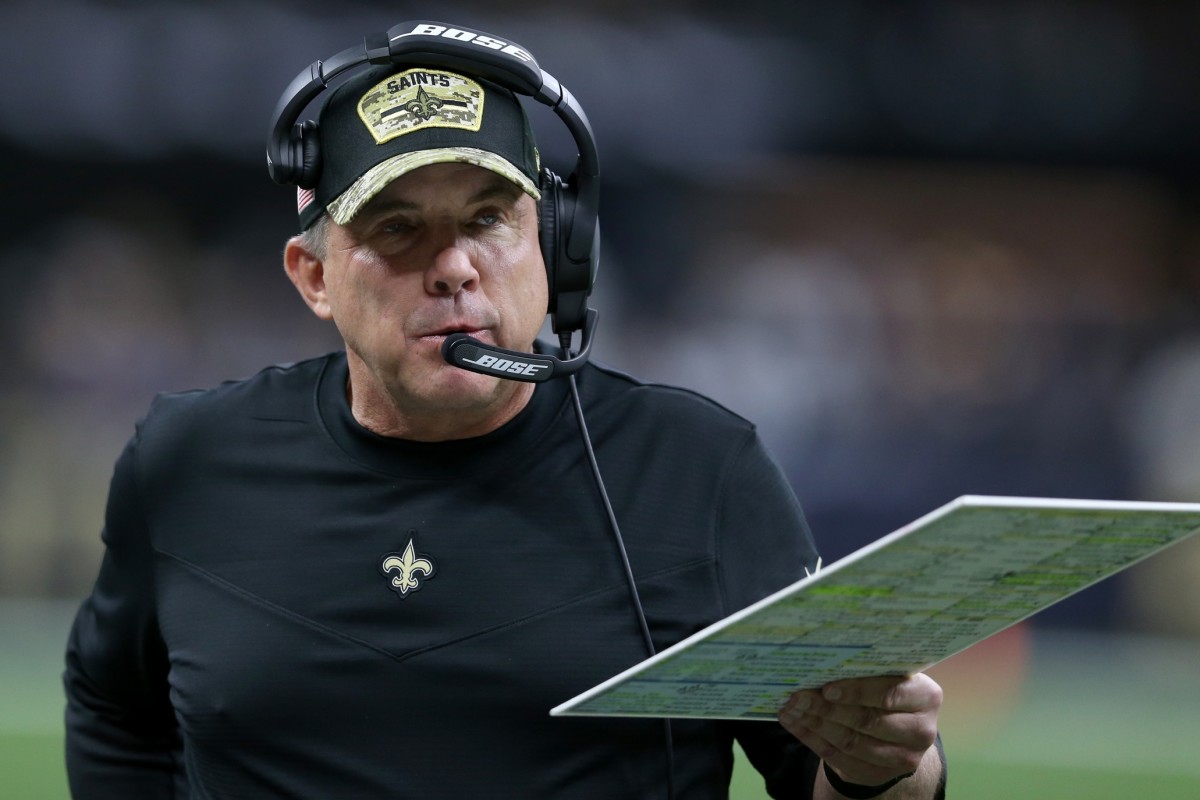 Nov 7, 2021; New Orleans Saints head coach Sean Payton on the sidelines against the Atlanta Falcons. Mandatory Credit: Chuck Cook-USA TODAY Sports
