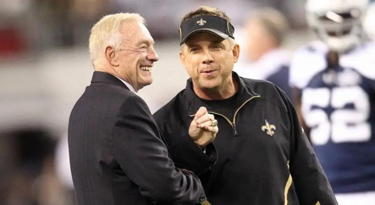 Former Saints coach Sean Payton (right) speaks with Dallas Cowboys owner Jerry Jones (left) before a game between the two teams. Credit: Inside the Star