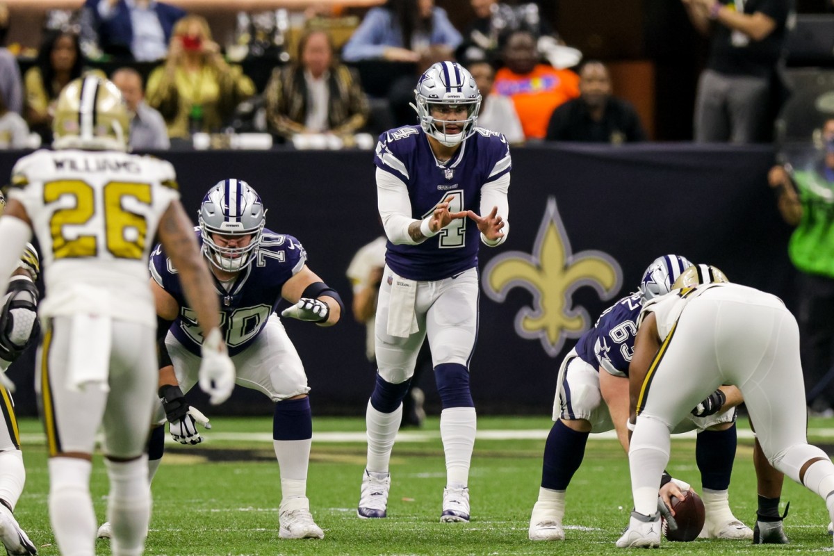 Dec 2, 2021; Dallas Cowboys quarterback Dak Prescott (4) waits for a snap against New Orleans Saints. Mandatory Credit: Stephen Lew-USA TODAY