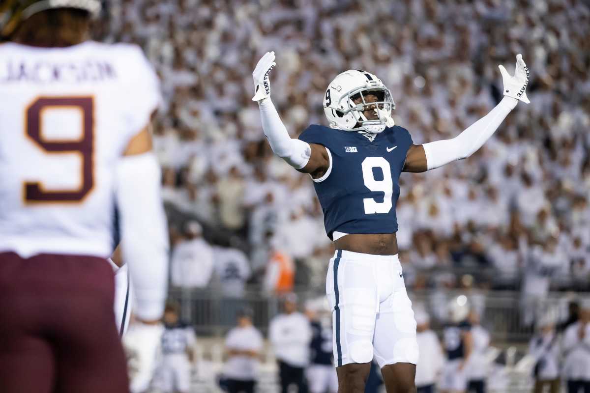 Penn State's Joey Porter Jr. motions to the Nittany Lion faithful after Minnesota is penalized for a second false start in the first quarter at Beaver Stadium on Saturday, Oct. 22, 2022, in State College.