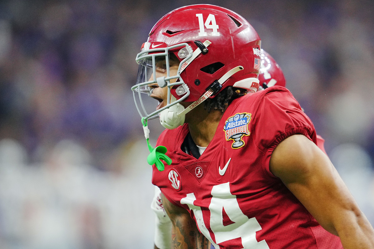 New Orleans, LA, USA; Alabama Crimson Tide defensive back Brian Branch (14) celebrates his interception against the Kansas State Wildcats during the second half in the 2022 Sugar Bowl at Caesars Superdome.