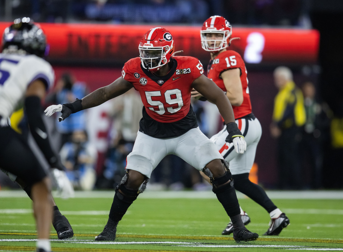 Inglewood, CA, USA; Georgia Bulldogs offensive lineman Broderick Jones (59) against the TCU Horned Frogs during the CFP national championship game at SoFi Stadium.
