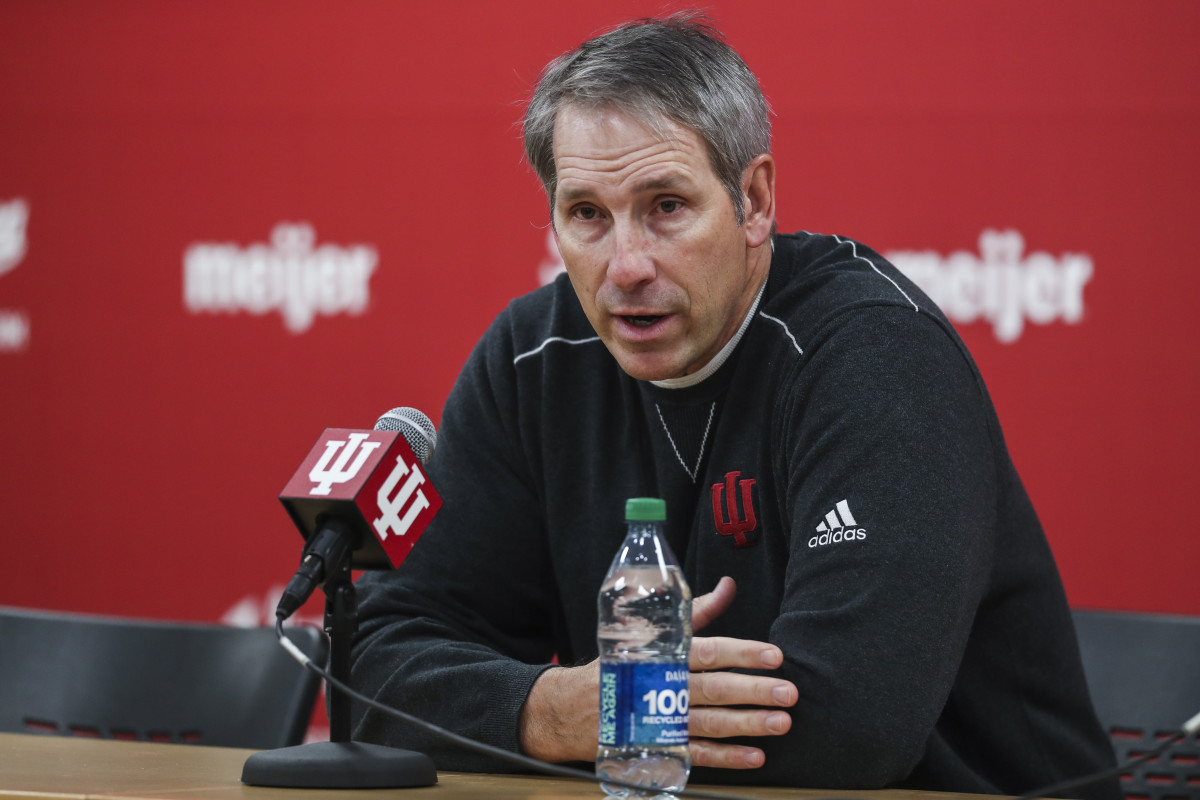 Indiana offensive line coach and run game coordinator Bob Bostad speaks during his introductory press conference on Jan. 22 at Simon Skjodt Assembly Hall in Bloomington, Ind.